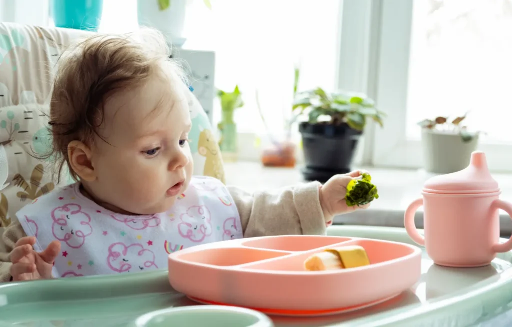 Bebê de 6 meses no cardápio de introdução alimentar, segurando um pedaço de vegetal verde com a mão, em prato rosa dividido com frutas e legumes cortados em pedaços seguros