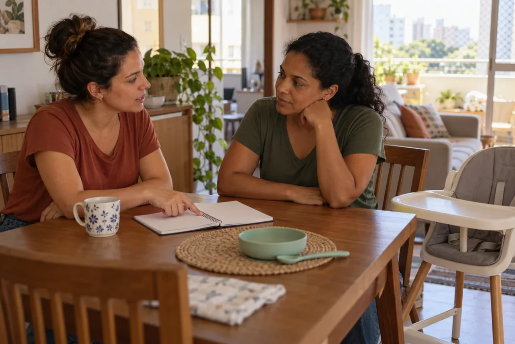 Introdução alimentar com babá: o que combinar na volta ao trabalho 1 Introdução alimentar com babá: mãe mostra anotações no caderno à babá, ao lado do cadeirão e de um prato infantil